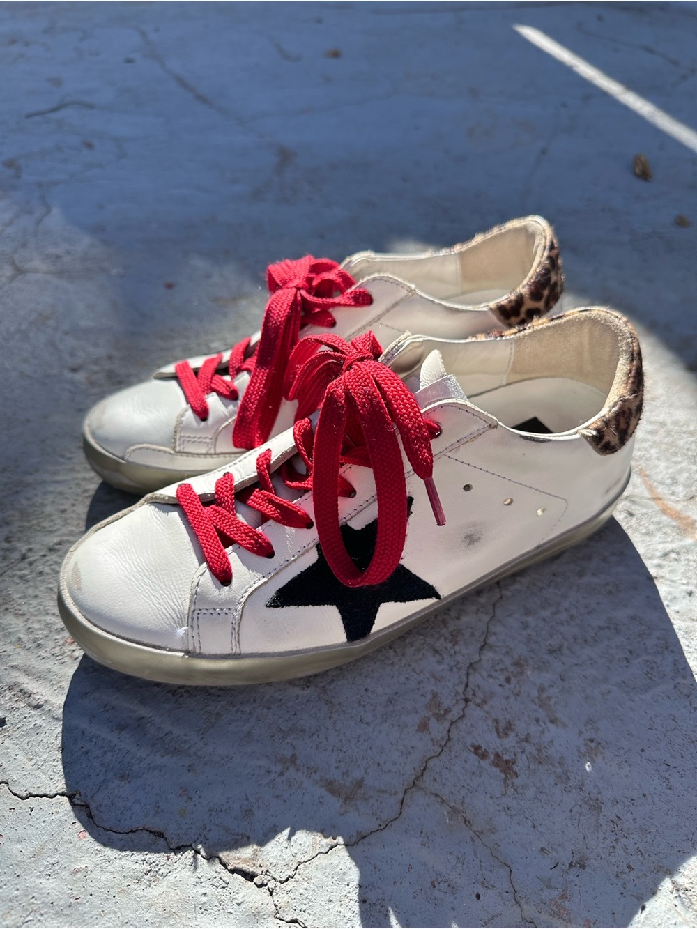 Golden Goose White Sneakers with Red Laces and Leopard Print